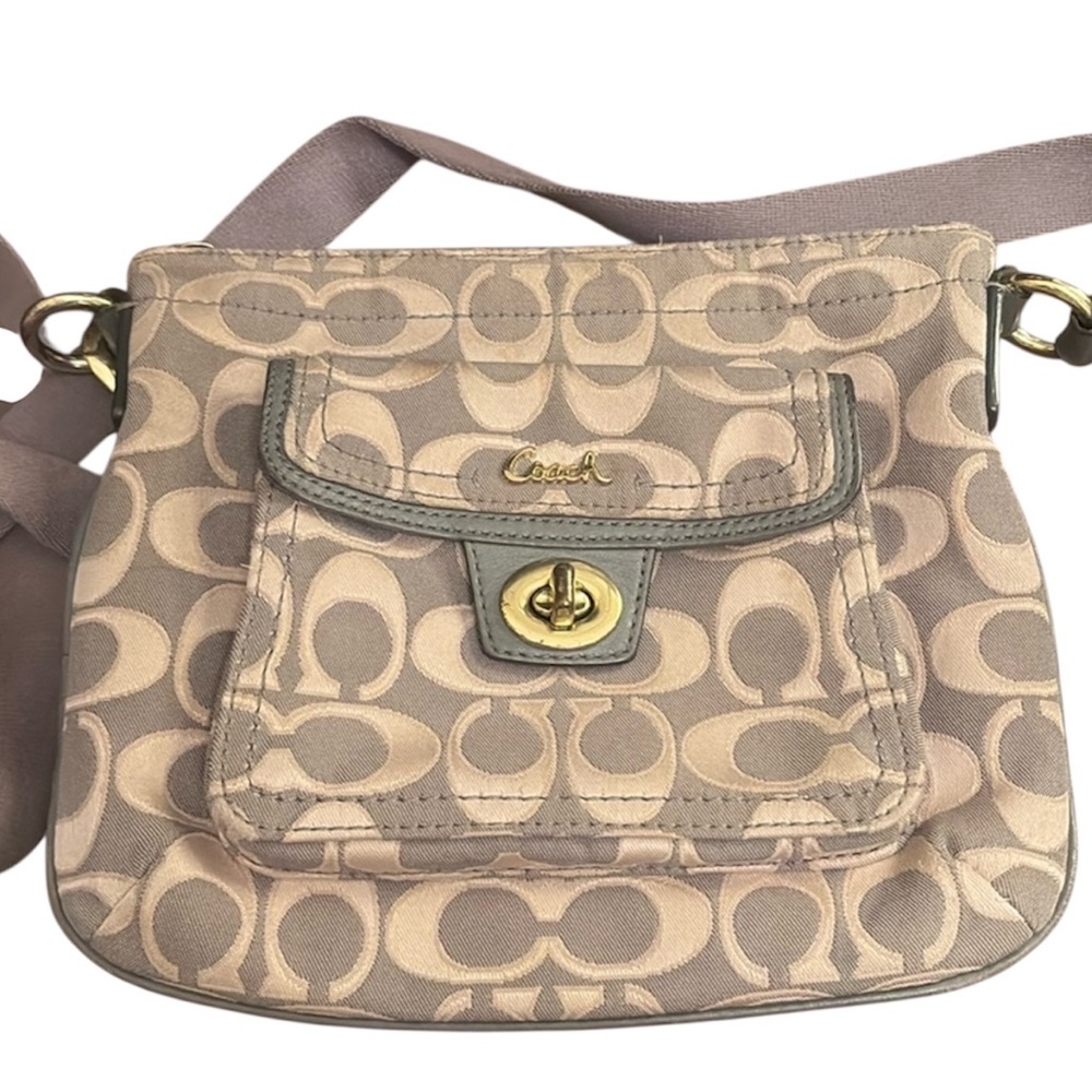 Coach Signature Print Shoulder Purse Tote Bag Black Gray 9" Wide by 7.5" Tall